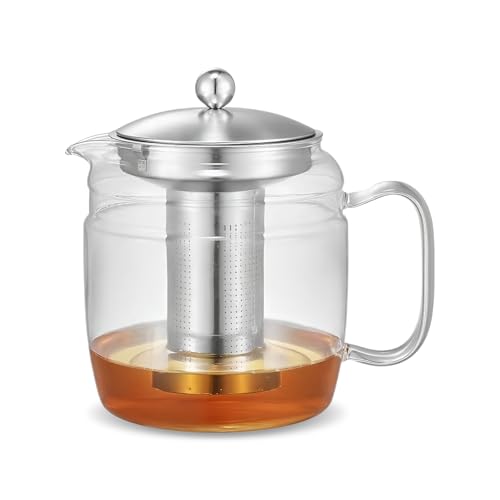 Teiera in Vetro da 1,8 l, Grande Capacità con Filtro, Realizzata in Vetro Borosilicato, Resistente al Calore, Filtro e Coperchio in Acciaio Inox, Adatta per Tè Sfuso, Tè Profumato e Infusi Alla Frutta