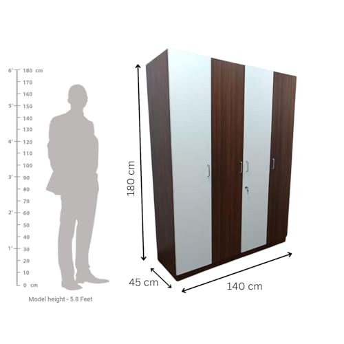 Image of GRATUS 4 Door Wardrobe - Modern Engineered Wood Cupboard Without Drawer for Clothes Storage, Spacious Bedroom Organizer - 180 x 145 x 45 cm Classic White