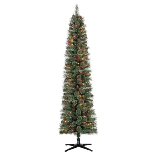 Home Heritage 7ft Stanley Slim Pre-Lit Pencil Christmas Tree – Artificial Pine with 350 Multicolor Incandescent Lights and 335 Branch Tips – Indoor Holiday Decor