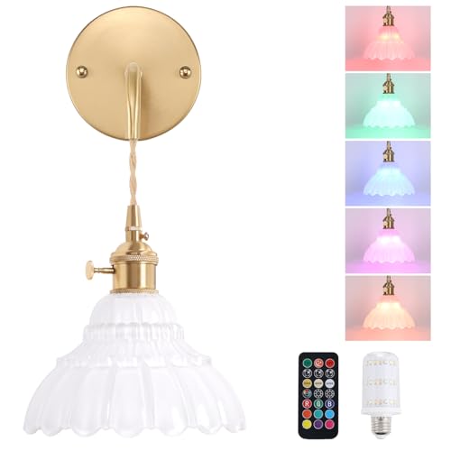Image of Shenmoyl Battery Operated Wall Sconce with White Lily of the Valley Shade Glass Adjustable Chain Retro Wall Light, Modern Wall Lamp Fixtures Decor for Bedside Bedroom Indoor Doorway
