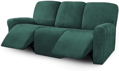 Image of ULTICOR Velvet 8-Pieces Recliner Sofa Covers Stretch Reclining Couch Covers for 3 Cushion Reclining Sofa Slipcovers Furniture Covers Thick Soft Washable (3 Seater Recliner Cover, Retro Green)