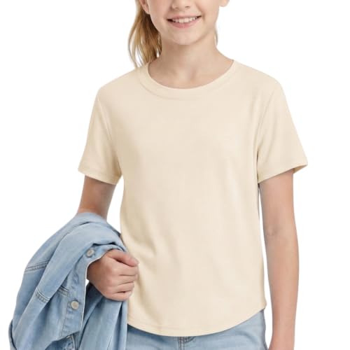 Image of WELAKEN Girls Soft T-Shirt with Curved Hem, Breathable Stretchy Rayon Crewneck Short Sleeve Tees, Kids Everyday Basic Top