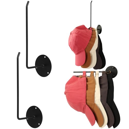 2 Pack Hat Racks for Baseball Caps, 2 in 1 Hat Hanger Hooks Stainless Steel Adhesive Strong Hat Organizer Wall Mount Hat Holder Can Hold 20 Caps Hook Organizer for Closet Bedroom Storage/Door