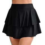 Halcurt Women's High Waisted Double Ruffle Swim Skirt with Shorts Tummy Control Swimsuit Bottoms Black 2XL