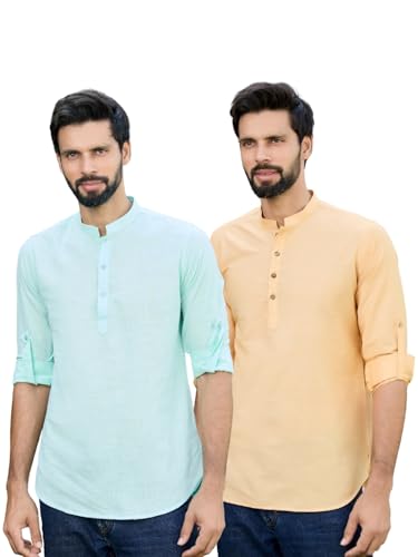 Image of See Designs Men's Roll-Up Sleeve Mandarin Collar Deluxe Cotton Solid Short Kurta (Pack of 2) - Festive Collection
