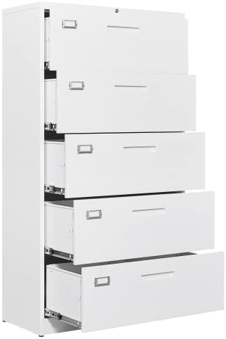 BYNSOE 5 Drawer Lateral File Cabinet Metal Filing Storage Cabinet with Lock Office Home Steel Lateral File Cabinet for A4 Legal/Letter Size Wide File Cabinet Locked,Assembly Required