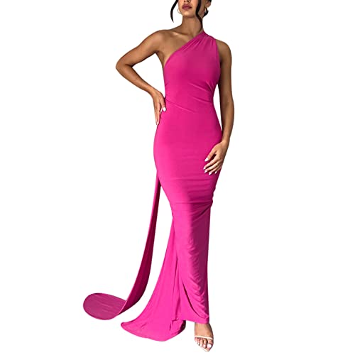 Image of Suillty Women's Sexy Oblique Shoulder Backless Maxi Dress Ruched Back Strap Sleeveless Party Club Long Dresses Bodycon
