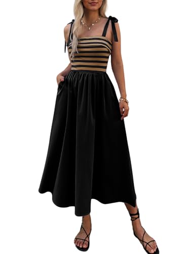 Women Summer Tie Spaghetti Strap Striped Dresses Sleeveless Stretch Flowy Maxi Sundress Beach Dress with Pockets