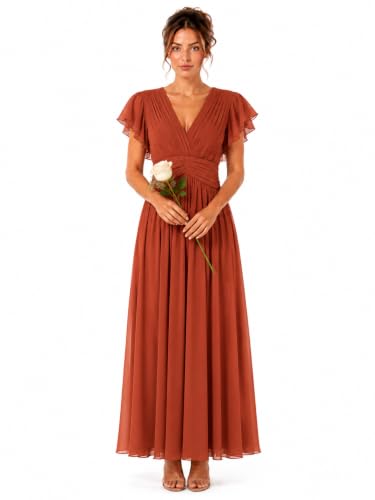 Robe de Cérémonie Femme Longue Fluide Plissée Col V – Mariage Soirée (FR/ES, Alpha/Lettres, M, Taille Normale, Taille Normale, Terracotta)