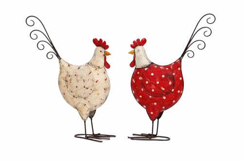 Logbuch-Verlag Deko Hühner Metall 2er Set 25 cm - Huhn Figuren Gartendeko mit Punkten in Rot und Creme - Frühlingsdeko Osterdeko für Garten Balkon oder Küche