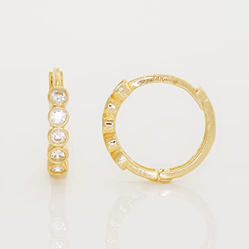 14K Real Solid Gold Bazel Cubic Zirconia Hoop Earrings, Cartilage Daith Helix Tragus Conch Rook Snug Huggie Hinge Ear Ring Piercing Jewelry - Pair (Yellow Gold) #TOP4