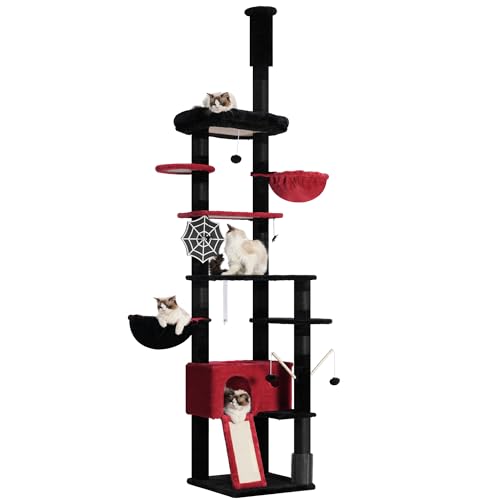 Hey-brother Gothic Cat Tree, 98.4-110.2 Inches Floor to Ceiling Cat Tree-Adjustable Height, Tall Cat Climbing Tower for Cats Large Adult with Scratching Post, Cat cando, Black and Red 0MPJ091BR