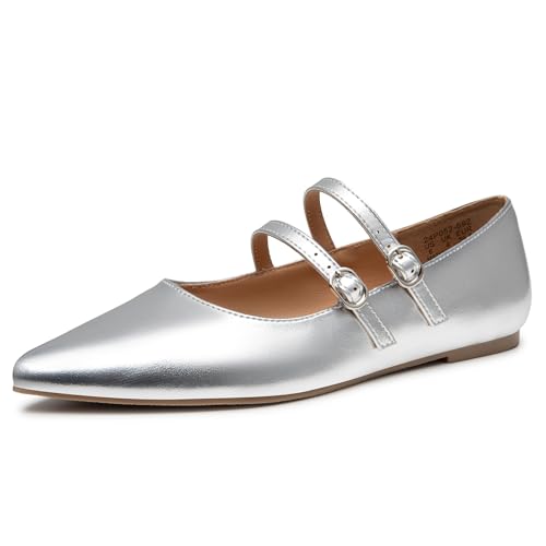 Image of Trary Flats for Women Mary Jane Shoes Women Closed Pointed Toe Ballet Flats Comfortable Slip on Dressy Adjustable Strap Cute Walking Office PU Leather Mary Janes Flat Shoes