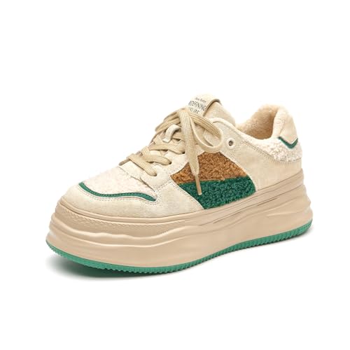 BEAU TODAY Fur Lined Winter Sneakers for Women, Womens Chunky Platform Warm Sneakers, Comfortable Suede Snow Lace-up Non-Slip Round Toe Casual Snow Walking Tennis Shoes
