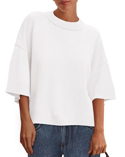 BTFBM Womens Short Sleeve Tops 2025 Summer Casual Crew Neck Oversized Sweater Color Ribbed Knit T Shirts(White,Medium)