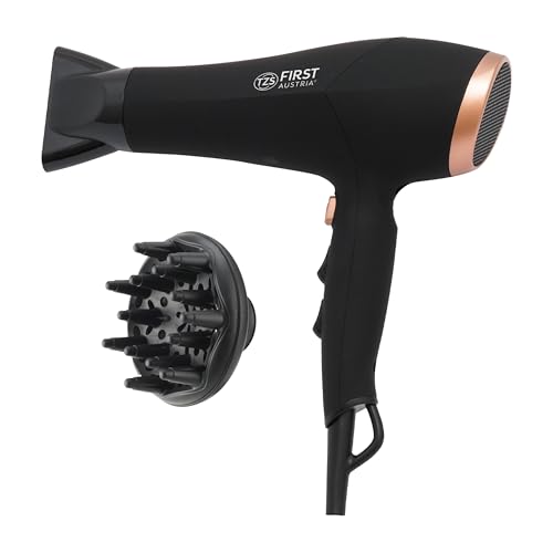 TZS First Austria Secador de pelo de 2200 W, iónico, estilo suave, 3 niveles de calor y 2 velocidades, función Cool Shot, incluye difusor, color negro y rosa