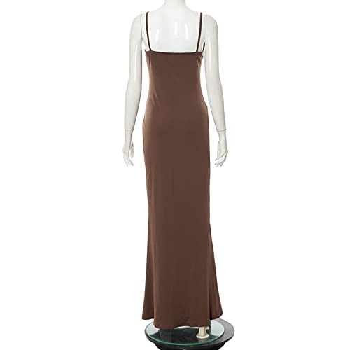 Mnevn Women Sexy Bodycon Maxi Dress Sleeveless Solid Color Long Slip Dress Cami Dresses Club Party Spaghetti Straps Dress #TOP2