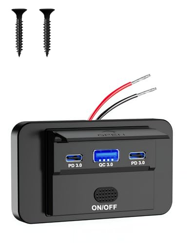 Prise USB 12V Montage en Surface Léger Double Port USB C 36W et QC3.0 18W pour Voiture, 12V/24V Panneau de USB Commande Prise Charge Rapide avec LED pour Voiture Marine Camion Camping-Car SUV