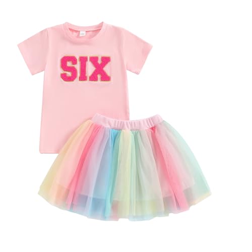 Gureui 6 Year Old Toddler Girl Birthday Outfit 6 Print Short Sleeve Shirt 6th Tutu Skirt Summer Clothes