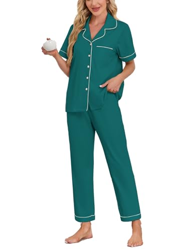 Image of COLORFULLEAF Women's 100% Cotton Pajamas Set Button Down Sleepwear Short Sleeve Shirt and Long Pants Soft Ladies Lounge Sets