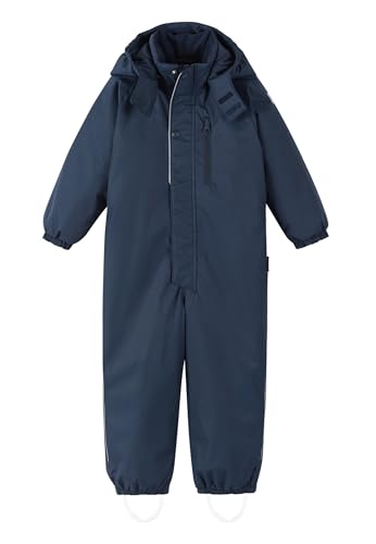 Reima - Reitti Kinder Overall - Wasserdichter, atmungsaktiver, nahtversiegelter Regenanzug für Kinder mit abnehmbarer Kapuze, reflektierenden Details und Fußschlaufen - Navy, 104