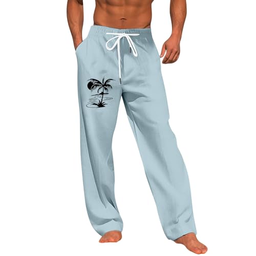 DuDubaby Mens Casual Pants Cotton Linen Elastic Waist Drawstring Loose Fit Vacation Trousers with Pockets