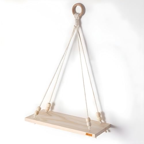 Image of Boho Wooden Hanging Shelf with Beads & Macrame Rope, Adhesive Wall Hook| Rustic Swing Wall Art for Plants, Living Room, Bedroom | Pine Wood, Handcrafted