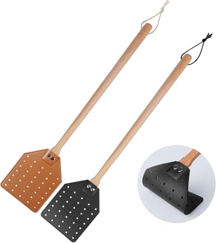 Fly Swatter 2 Pack Leather Fly Swat with Long Wood Handle and Hanging Fly Catcher Insect Mosquito Wasp Pest Control for Indoor Outdoor Home Fly (black+brown)