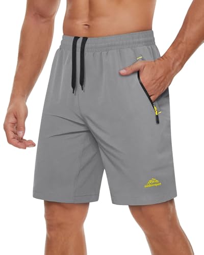 TACVASEN Sports Shorts Mens Gym Jogging Shorts with Zip Pockets Cycling Run Workout Short Summer Outdoor Shorts Basketball Football Shorts Training Shorts Grey