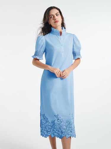 Image of Women's Summer Embroidered Midi Dress 2026 Button Down Short Sleeve Floral Shirt Dress