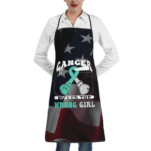 nopicsn Cancer Picked The Wrong Girl Cervical Cancer Apron for cooking with Pockets Women Men Kitchen Chef Funny Aprons