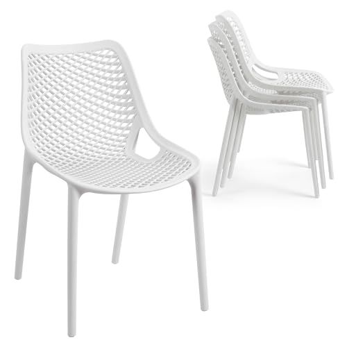 WOOW DEPOT 4 Pack Outdoor Patio Chairs, Web Design Plastic Dining Chairs, Weather Resistant Stackable Indoor Seating for Balcony Garden Bistro Yard Poolside Kitchen, No Assembly,White