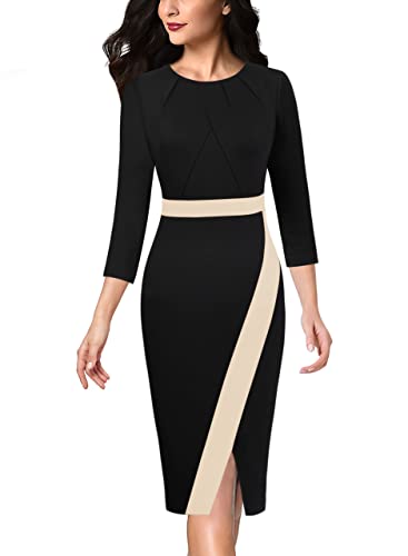 VFSHOW Womens Pleated Crew Neck Front Slit Work Business Office Bodycon Sheath Pencil Dress