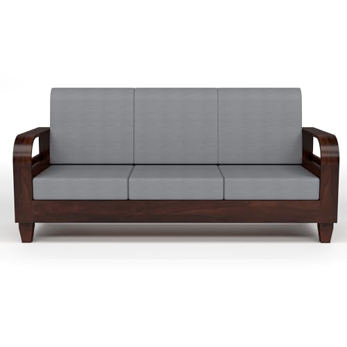 Image of Sheesham Wooden 3 Seater Sofa for Living Room | Solid Wood Sofa with Rattan Cane Side Rack | Rosewood Sofa Set for Home & Office | Lounge (Walnut, 3 Seater)