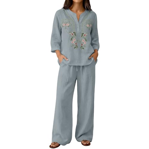 Conjunto de dos piezas con cintura elástica para mujer y pantalón ancho Henley cómodo