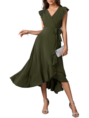 Image of Womens Summer Midi Dress V Neck Ruffle Sleeve A Line Flowy Beach Party Cockatil Formal Dresses for Weddding Guest