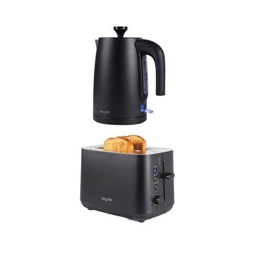 Salter Kuro Toaster & Kettle Set – 2-Slice High-Lift Toaster with 7 Browning Levels & Defrost/Reheat/Cancel, 3000W Rapid Boil Kettle with Anti-Limescale Filter, Auto Shut-Off & Boil-Dry Sensor, Black
