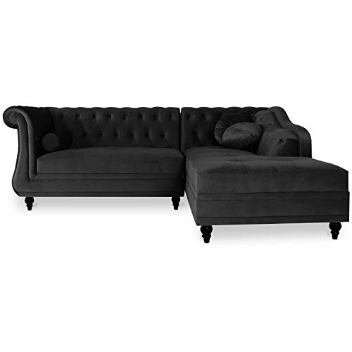 INTENSE DECO Canapé d'angle Droit Empire Velours Noir Style Chesterfield