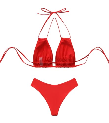 Image of Meetall Cheeky High Cut Triangle Bikini Sets for Women Cute Halter Top Swimsuits 2 Piece