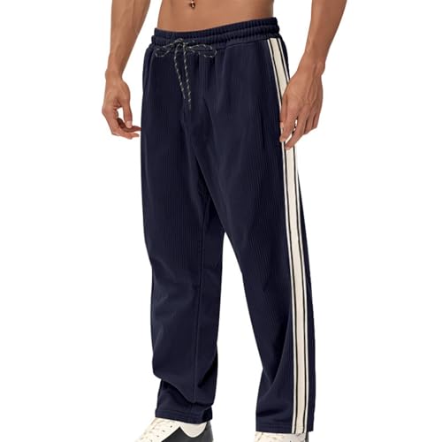 Straight Leg Corduroy Pants Men Elastic Waist Big and Tall Sweatpants Open Bottom Stripe Track Pants with Pockets
