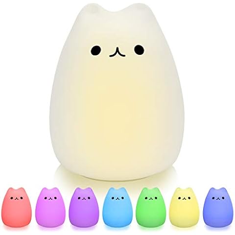 Wenscha LED Cute Night Light Silicone Warm White or 7 Colour Cat Night Light for Kids Children Girls Nursery Baby Adults Cat Lamp ,USB Rechargeable Sensitive Tap Control Nightlight Cover