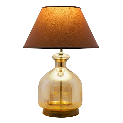 Image of Alper Mini Amber Luster Glass Table Lamp with Beige Cotton Shade | Modern Designer Bedside & Living Room Decorative Table Light (Bulb Included)
