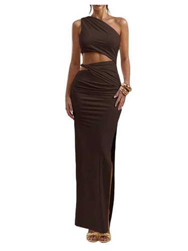 Floerns Womens One Shoulder Cutout Maxi Party Dress Sleeveless Split Bodycon Wedding Guest Night Out Dresses Coffee Brown Medium