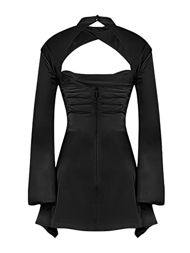 Vestido feminino de manga comprida franzido espaguete sexy frente única cetim ombro de fora frente ú