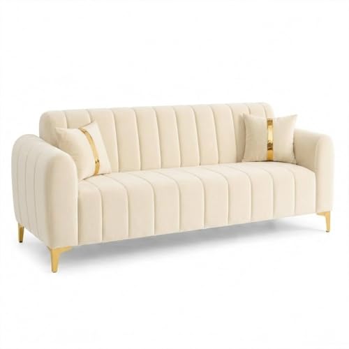 Image of FURNY Harmony 3 Seater Fabric Sofa Set & Golden Legs (Cream) with Velvet Finish | Durable Comfort | Ideal for Living Room