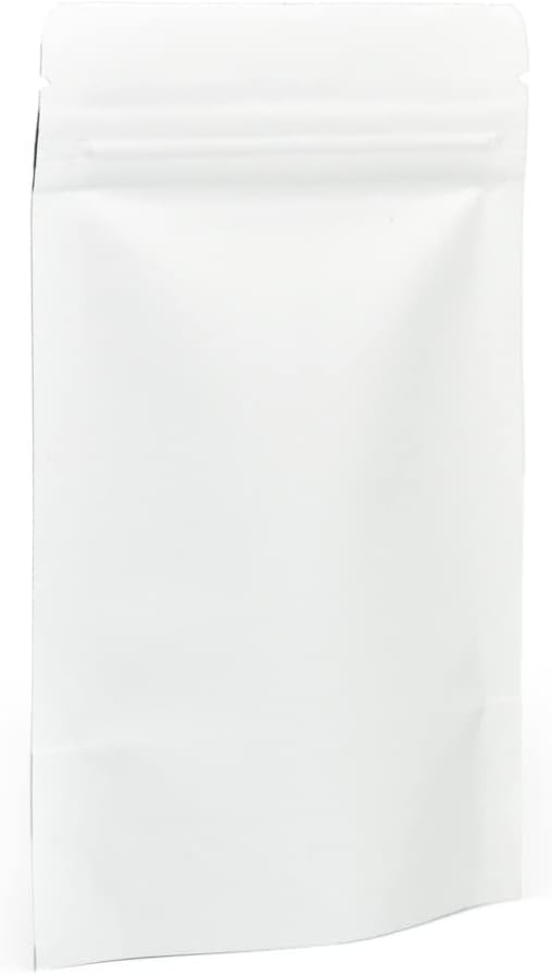 Evergreen Goods 50 White Kraft Stand-Up Paper Reusable Food Bags (90 x 140mm) | Pouches Foil Lined with Tear Notch Heat-Grip Sealable Ziplock | Perfect for Packaging Coffee Beans, Snacks & Sweets Etc