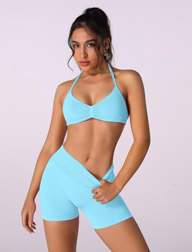 Image of ABOCIW Womens Seamless Workout Sets 2 Piece Strappy Halter Sports Bra Scrunch Butt Shorts Gym Yoga Outfits