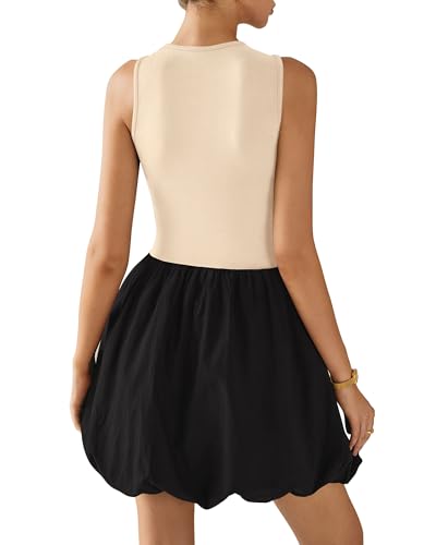Image of KIRUNDO Summer Dresses for Women 2026 Cute Mini Sleeveless Bubble Dress | Stretchy Ruched Front Cinched Waist, Woven Balloon Skirt, Crewneck Tank Sundress With Pockets, Casual Party Vacation Outfits