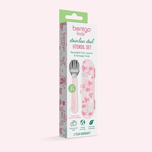 Image of Bentgo Kids Stainless Steel Utensil Set - Reusable Fork, Spoon & Storage Case, PFAS- & BPA-Free, Easy-Grip Handles, Lightweight, Dishwasher Safe, School Lunch, Travel & Outdoors (NEW Ballet and Bows)