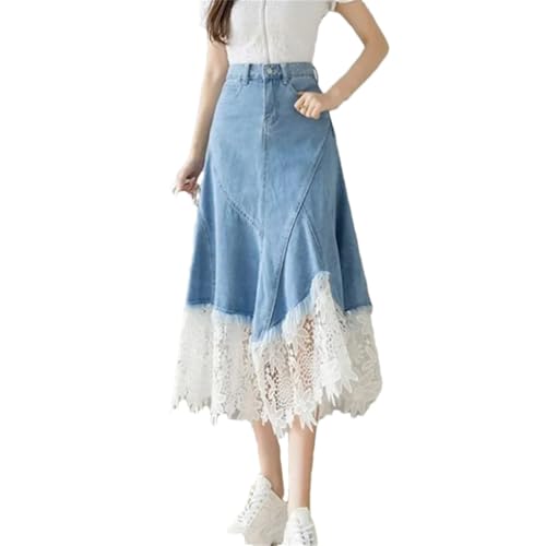 Women's Lace Patchwork Denim Skirt Woman High Waist Midi A-Line Skirt
